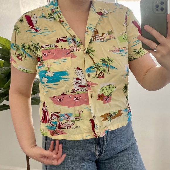 Retro Vaca Beach Holiday Tropical Button Down Boho Hipster Hippie Artsy Blouse - Picture 1 of 7
